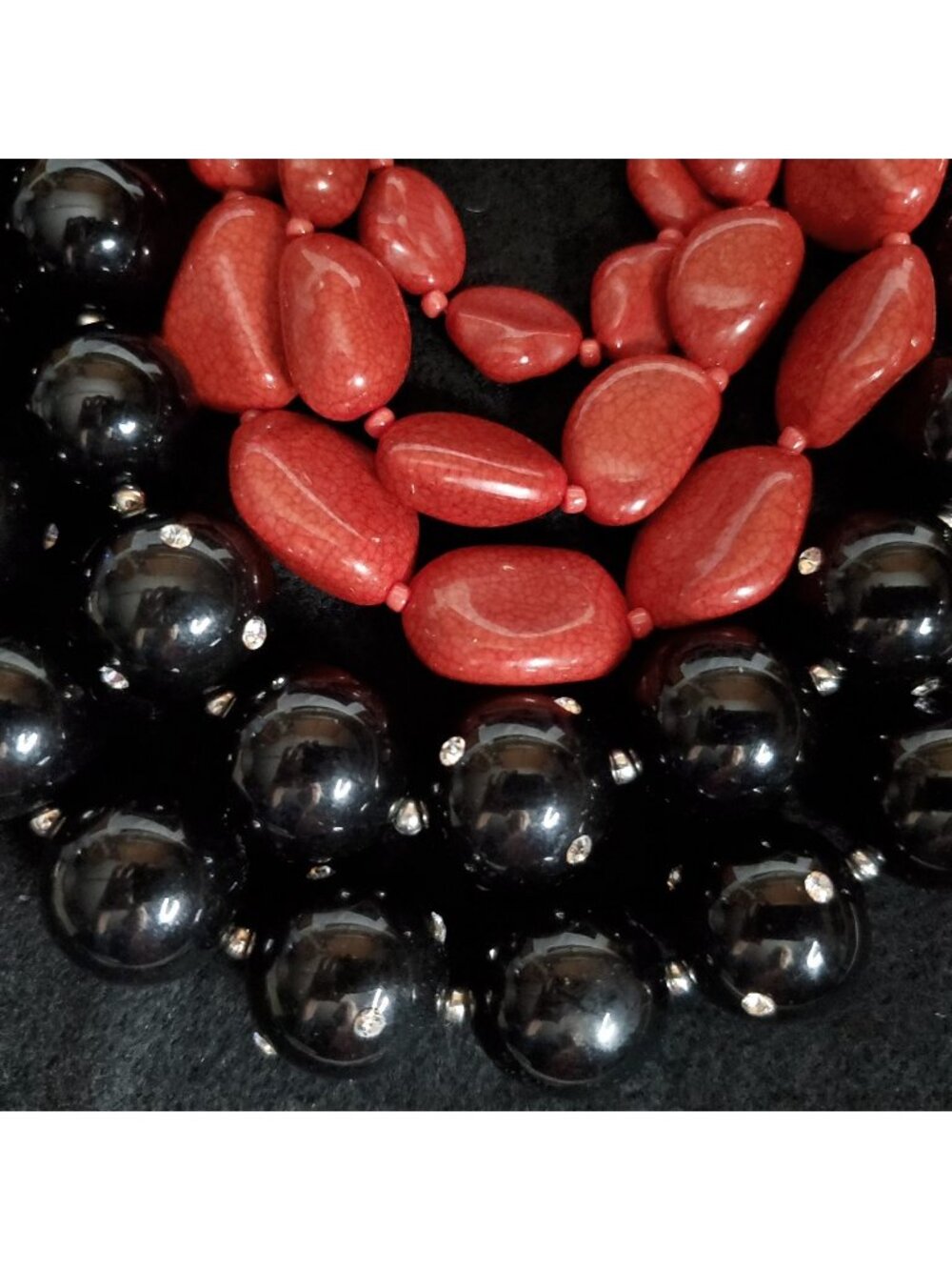 Chunky Beaded Necklace Lot Of 2 Layered Black Red Lucite 16"